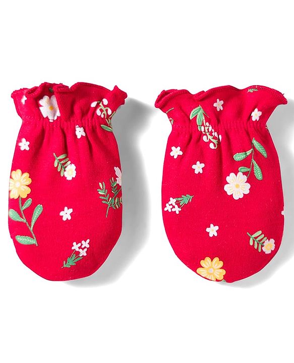 Babyhug 100% Cotton Knit Cap Mittens & Booties With Floral Print Red - Diameter 14.5 cm