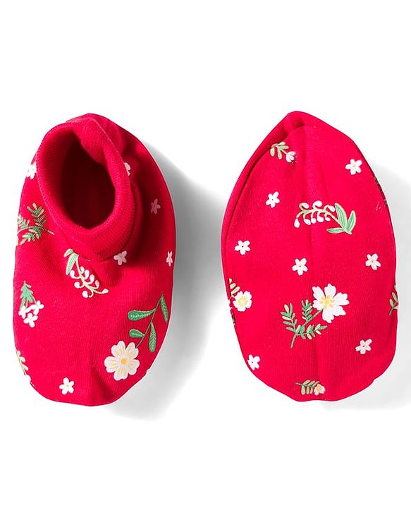 Babyhug 100% Cotton Knit Cap Mittens & Booties With Floral Print Red - Diameter 14.5 cm