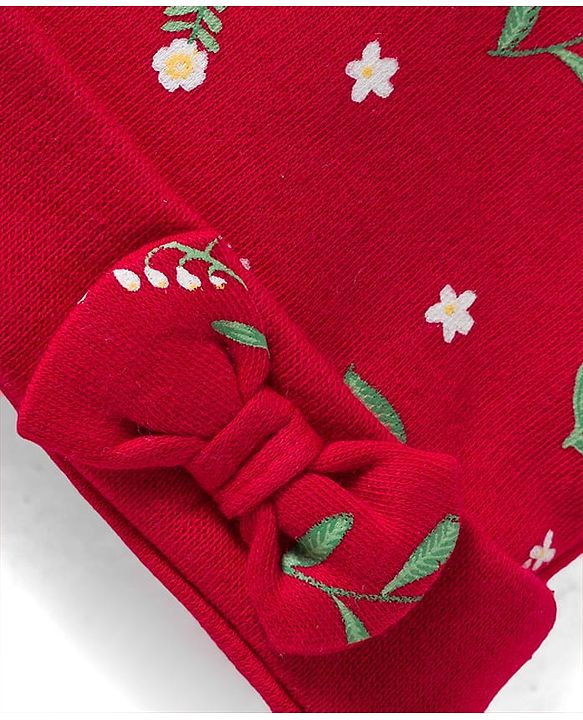 Babyhug 100% Cotton Knit Cap Mittens & Booties With Floral Print Red - Diameter 14.5 cm