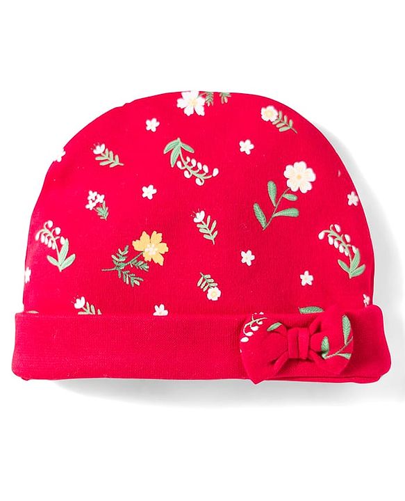 Babyhug 100% Cotton Knit Cap Mittens & Booties With Floral Print Red - Diameter 14.5 cm