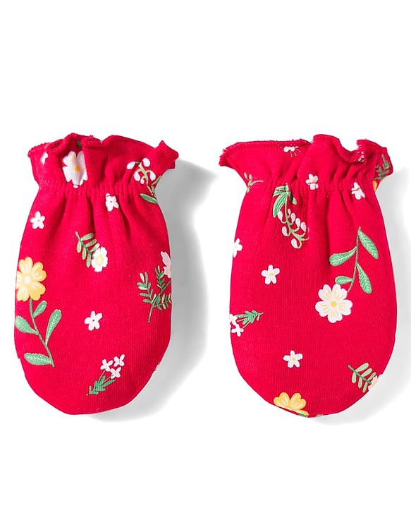 Babyhug 100% Cotton Knit Cap Mittens & Booties With Floral Print Red - Diameter 14.5 cm
