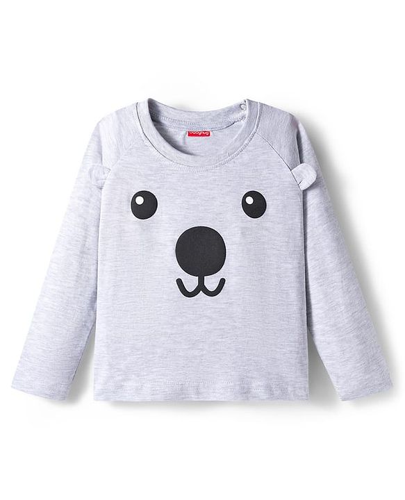 Babyhug Cotton Knit Full Sleeves Night Suit with Bear Print & Ear Applique - Grey