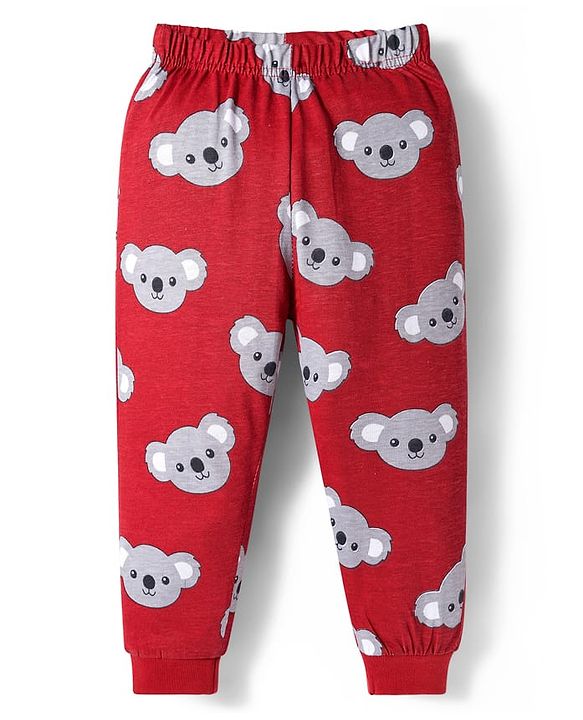 Babyhug Cotton Knit Full Sleeves Night Suit with Bear Print & Ear Applique - Grey