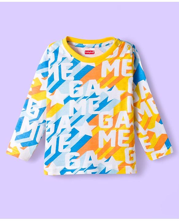 Babyhug Cotton Knit Full Sleeves Co-ords Night Suit With Text Print - Yellow & White