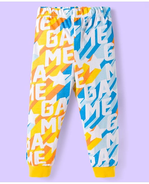 Babyhug Cotton Knit Full Sleeves Co-ords Night Suit With Text Print - Yellow & White