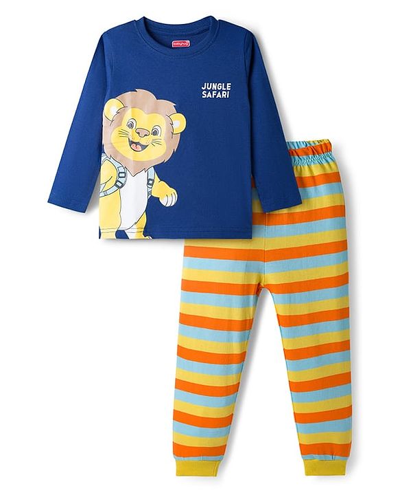 Babyhug Cotton Knit Full Sleeves Night Suit With Tiger Print - Navy Blue