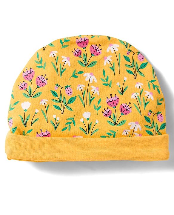 Babyhug 100% Cotton Knit Cap Mittens & Booties With Floral Print Yellow - Diameter 13 cm