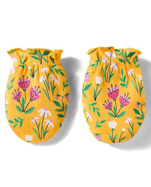 Babyhug 100% Cotton Knit Cap Mittens & Booties With Floral Print Yellow - Diameter 13 cm