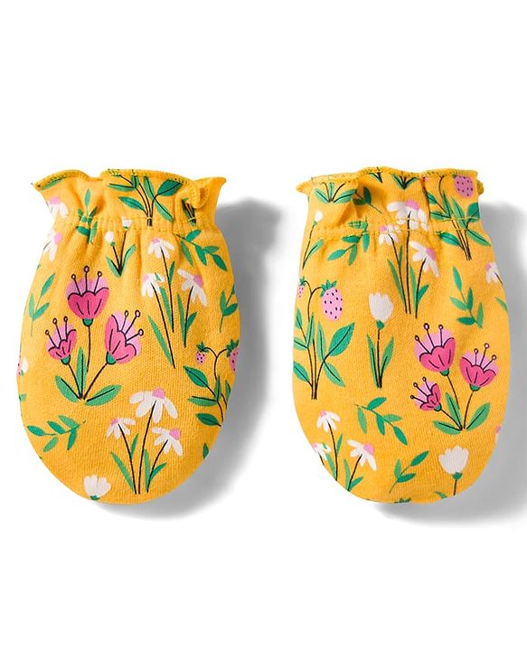 Babyhug 100% Cotton Knit Cap Mittens & Booties With Floral Print Yellow - Diameter 13 cm