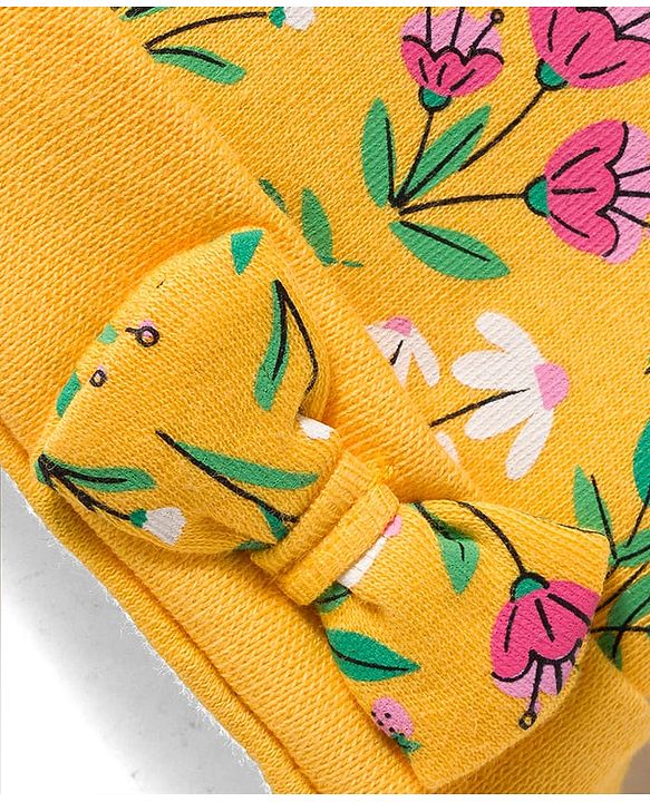 Babyhug 100% Cotton Knit Cap Mittens & Booties With Floral Print Yellow - Diameter 13 cm