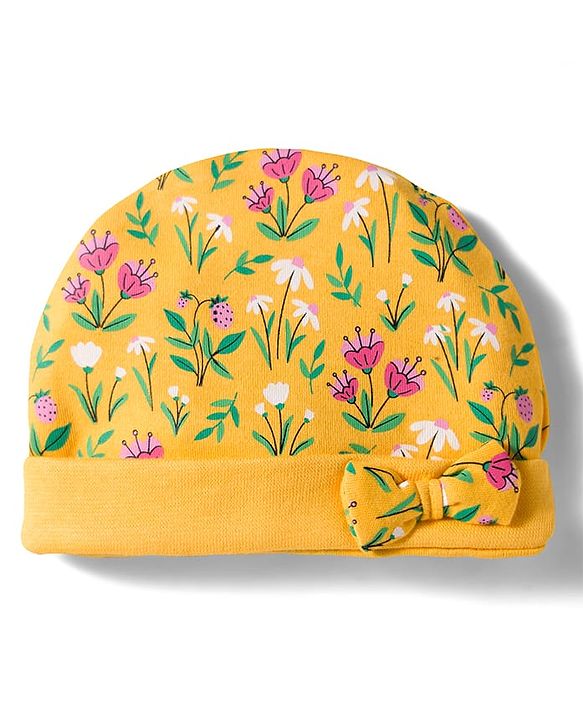 Babyhug 100% Cotton Knit Cap Mittens & Booties With Floral Print Yellow - Diameter 13 cm