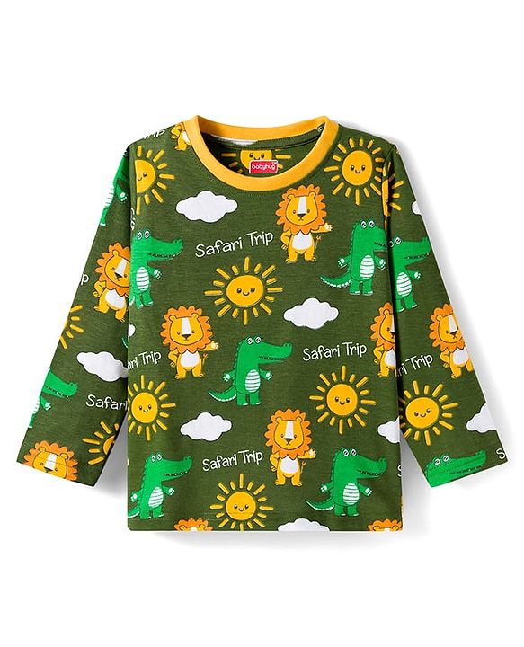 Babyhug Cotton Knit Full Sleeves Co-Ord Night Suit with Animal Print - Green
