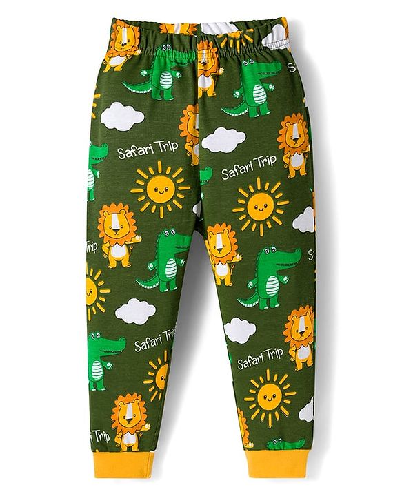 Babyhug Cotton Knit Full Sleeves Co-Ord Night Suit with Animal Print - Green