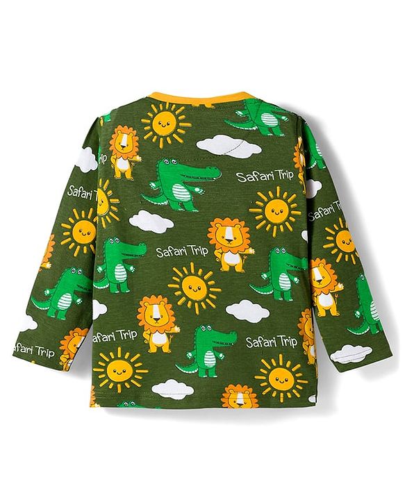 Babyhug Cotton Knit Full Sleeves Co-Ord Night Suit with Animal Print - Green