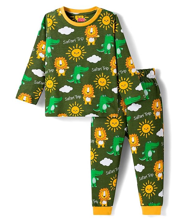 Babyhug Cotton Knit Full Sleeves Co-Ord Night Suit with Animal Print - Green