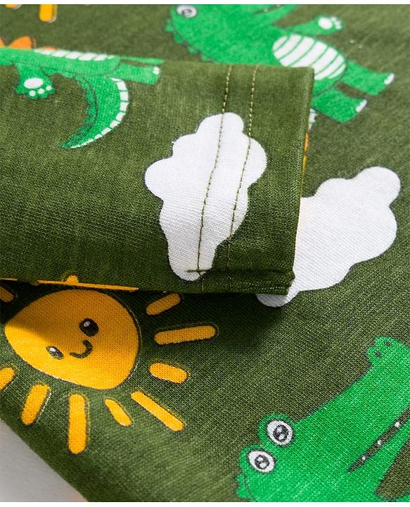 Babyhug Cotton Knit Full Sleeves Co-Ord Night Suit with Animal Print - Green