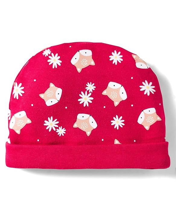 Babyhug 100% Cotton Knit Cap Mittens And Booties with Floral & Animal Print Red - 13.5 cm Diameter