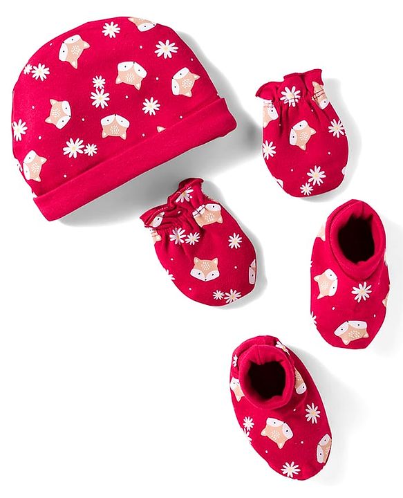 Babyhug 100% Cotton Knit Cap Mittens And Booties with Floral & Animal Print Red - 13.5 cm Diameter