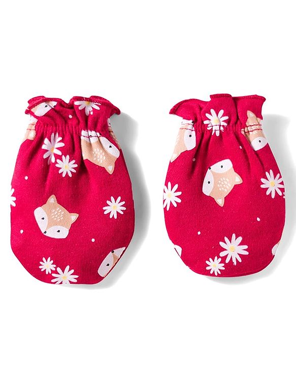 Babyhug 100% Cotton Knit Cap Mittens And Booties with Floral & Animal Print Red - 13.5 cm Diameter