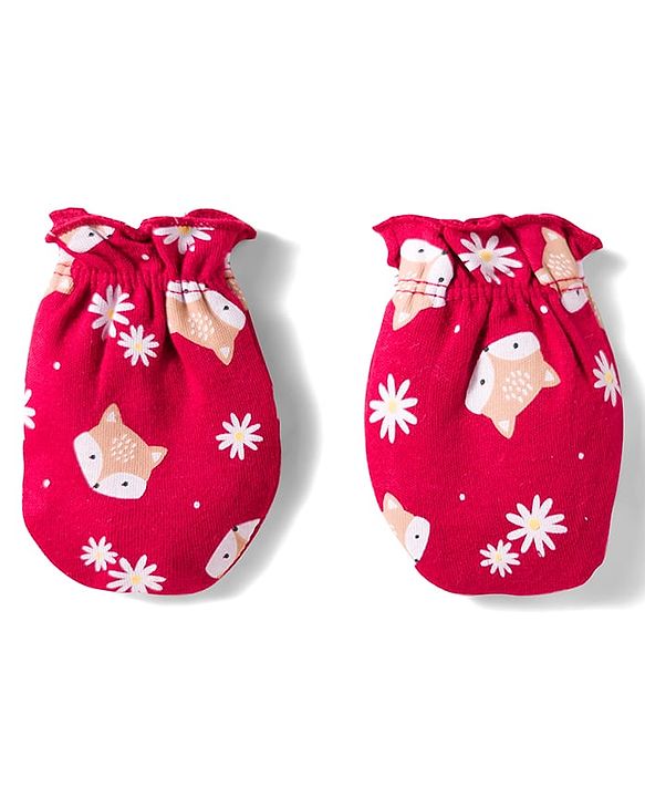 Babyhug 100% Cotton Knit Cap Mittens And Booties with Floral & Animal Print Red - 13.5 cm Diameter