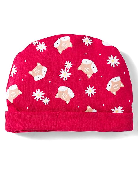 Babyhug 100% Cotton Knit Cap Mittens And Booties with Floral & Animal Print Red - 13.5 cm Diameter