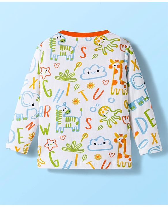 Babyhug Cotton Knit Full Sleeves Co-ords Night Suit With Animal Print - White