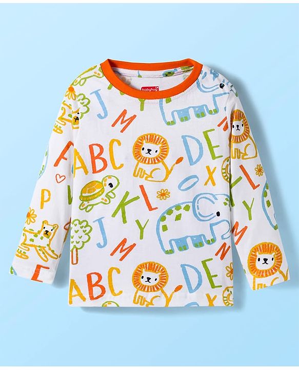 Babyhug Cotton Knit Full Sleeves Co-ords Night Suit With Animal Print - White