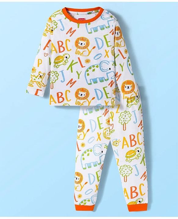 Babyhug Cotton Knit Full Sleeves Co-ords Night Suit With Animal Print - White