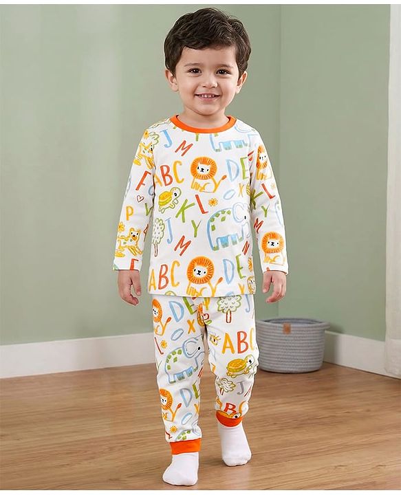 Babyhug Cotton Knit Full Sleeves Co-ords Night Suit With Animal Print - White