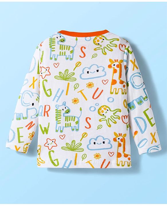Babyhug Cotton Knit Full Sleeves Co-ords Night Suit With Animal Print - White