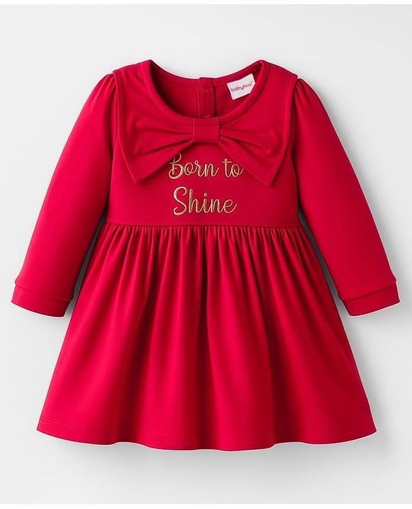 Babyhug Cotton Knit Full Sleeves Frock With Text Embroidery & Sling Bag - Red