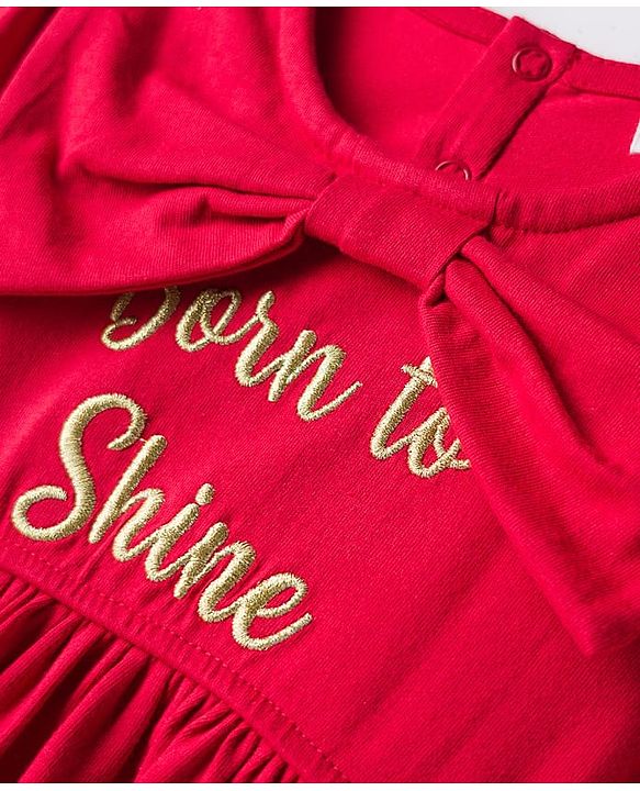 Babyhug Cotton Knit Full Sleeves Frock With Text Embroidery & Sling Bag - Red