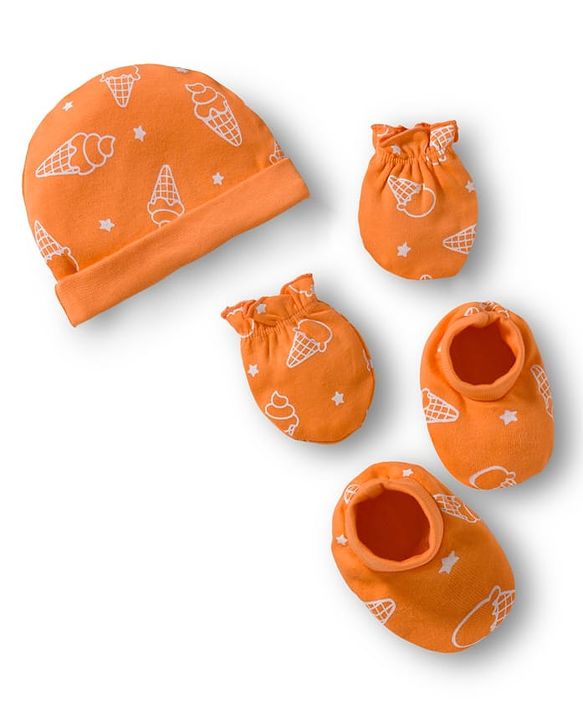 Babyhug 100% Cotton Interlock Knit Cap Mittens & Booties Set with Ice Cream Print Orange - Diameter 15.5 cm