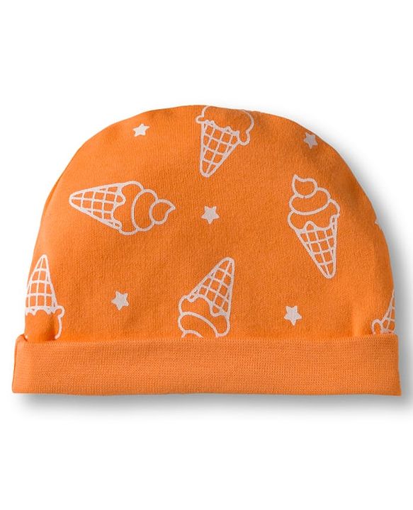 Babyhug 100% Cotton Interlock Knit Cap Mittens & Booties Set with Ice Cream Print Orange - Diameter 15.5 cm
