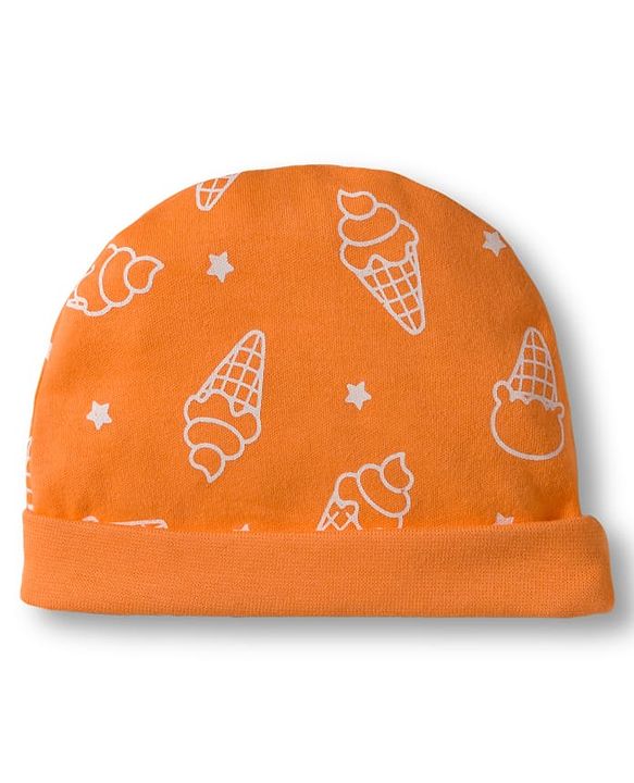 Babyhug 100% Cotton Interlock Knit Cap Mittens & Booties Set with Ice Cream Print Orange - Diameter 15.5 cm