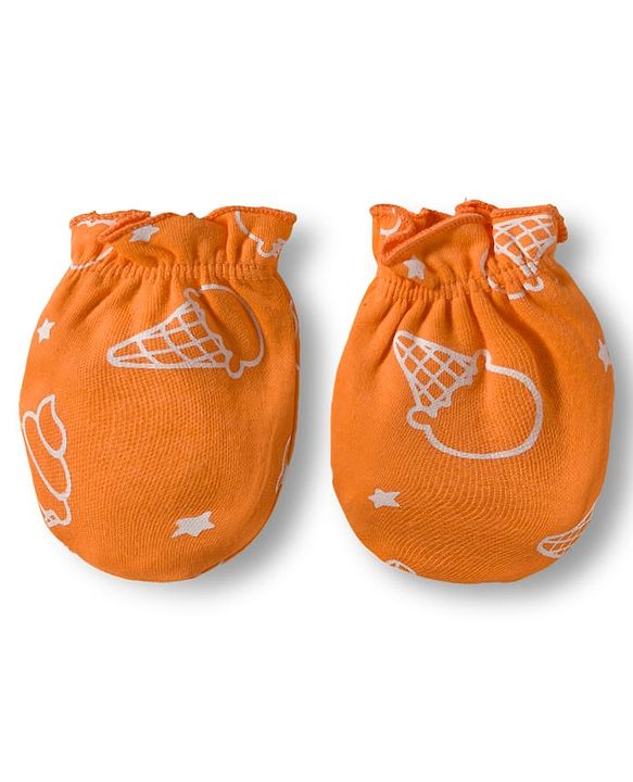 Babyhug 100% Cotton Interlock Knit Cap Mittens & Booties Set with Ice Cream Print Orange - Diameter 15.5 cm