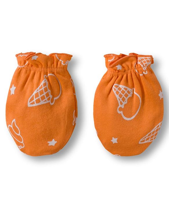 Babyhug 100% Cotton Interlock Knit Cap Mittens & Booties Set with Ice Cream Print Orange - Diameter 15.5 cm