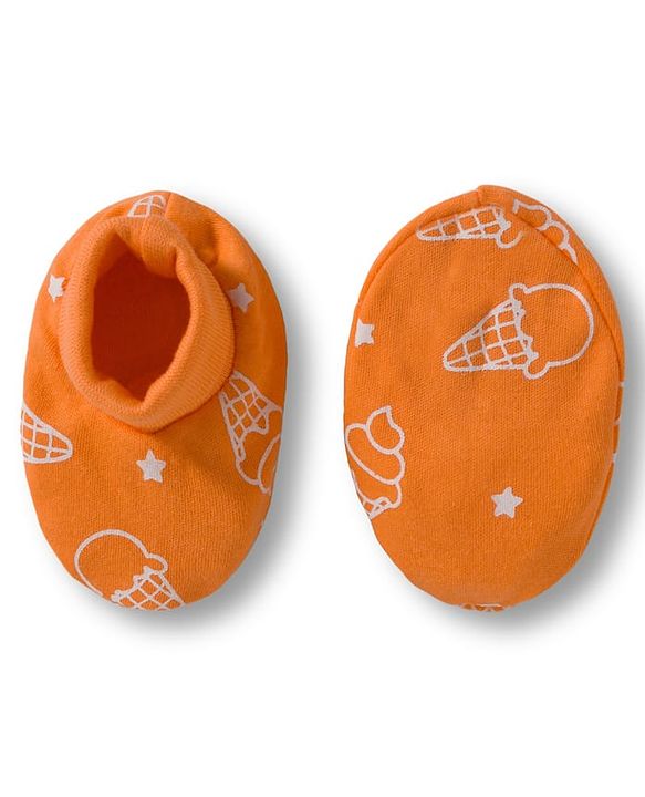 Babyhug 100% Cotton Interlock Knit Cap Mittens & Booties Set with Ice Cream Print Orange - Diameter 15.5 cm