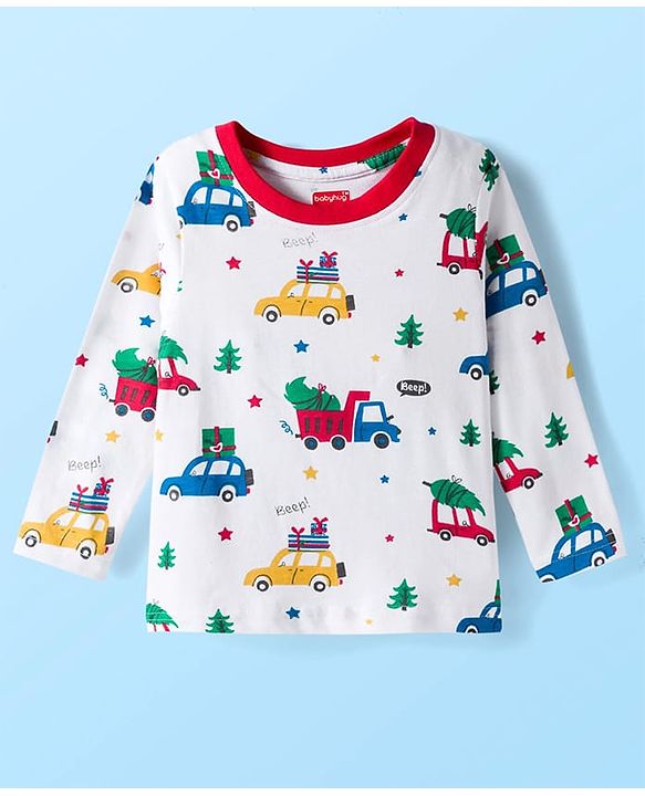 Babyhug Cotton Knit Full Sleeves Co-ords Night Suit With Vehicle Print - White