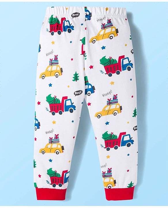 Babyhug Cotton Knit Full Sleeves Co-ords Night Suit With Vehicle Print - White