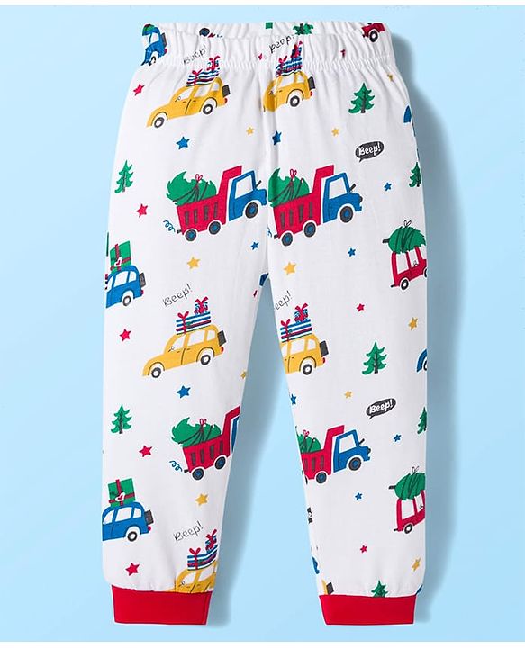 Babyhug Cotton Knit Full Sleeves Co-ords Night Suit With Vehicle Print - White