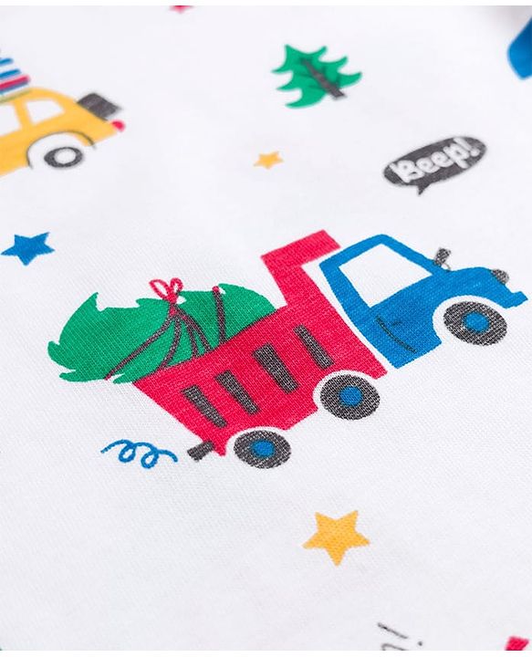 Babyhug Cotton Knit Full Sleeves Co-ords Night Suit With Vehicle Print - White