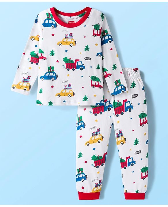 Babyhug Cotton Knit Full Sleeves Co-ords Night Suit With Vehicle Print - White