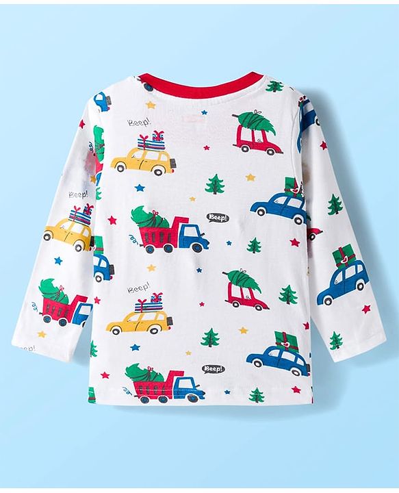 Babyhug Cotton Knit Full Sleeves Co-ords Night Suit With Vehicle Print - White