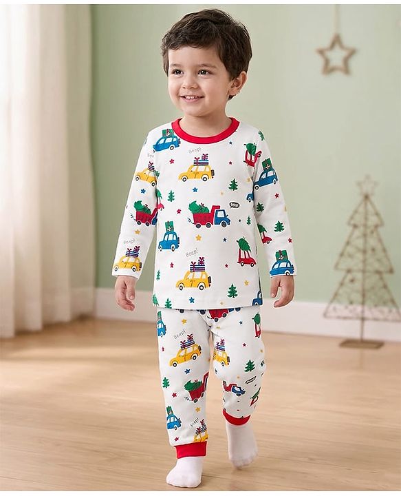 Babyhug Cotton Knit Full Sleeves Co-ords Night Suit With Vehicle Print - White
