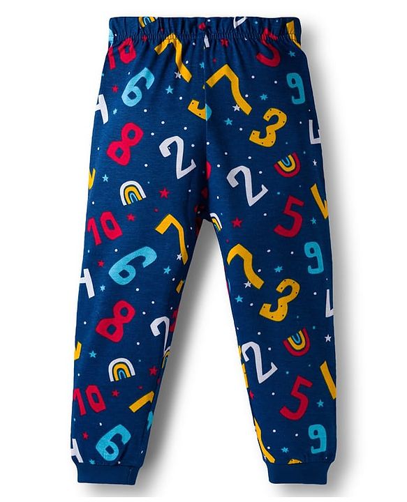 Babyhug Cotton Knit Full Sleeves Co-ord Night Suit With Numbers & Rainbow Print - Navy Blue