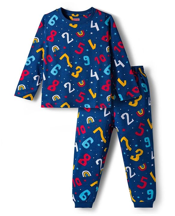 Babyhug Cotton Knit Full Sleeves Co-ord Night Suit With Numbers & Rainbow Print - Navy Blue