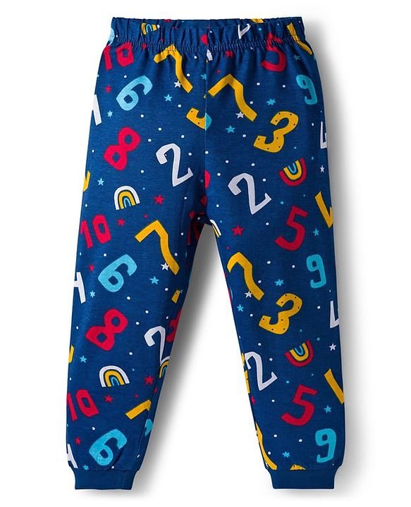 Babyhug Cotton Knit Full Sleeves Co-ord Night Suit With Numbers & Rainbow Print - Navy Blue
