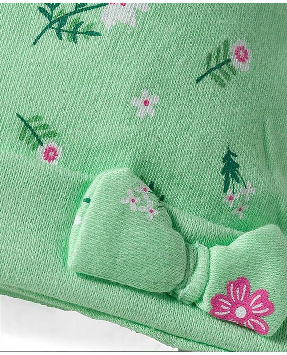 Babyhug 100% Cotton Knit Cap Mittens And Booties with Floral Print Light Green - 14.5 cm Diameter