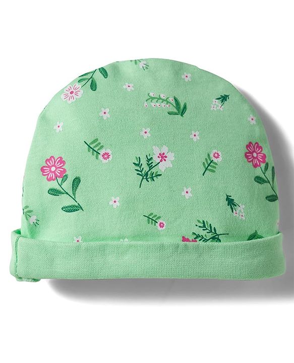 Babyhug 100% Cotton Knit Cap Mittens And Booties with Floral Print Light Green - 14.5 cm Diameter